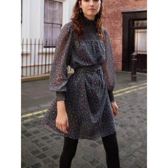 BODEN Smocked Yoke Floral Metallic Tie Waist Long Sleeve Mock Neck Dress 8 - Picture 8 of 16